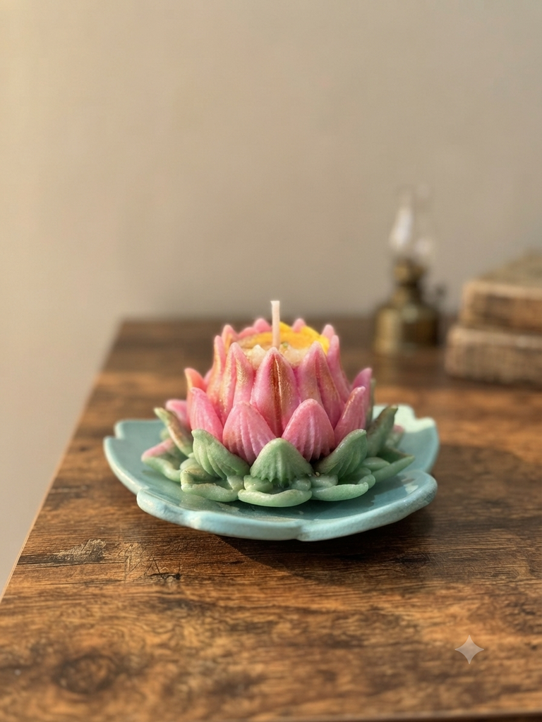 Lotus candle with leaf trinket